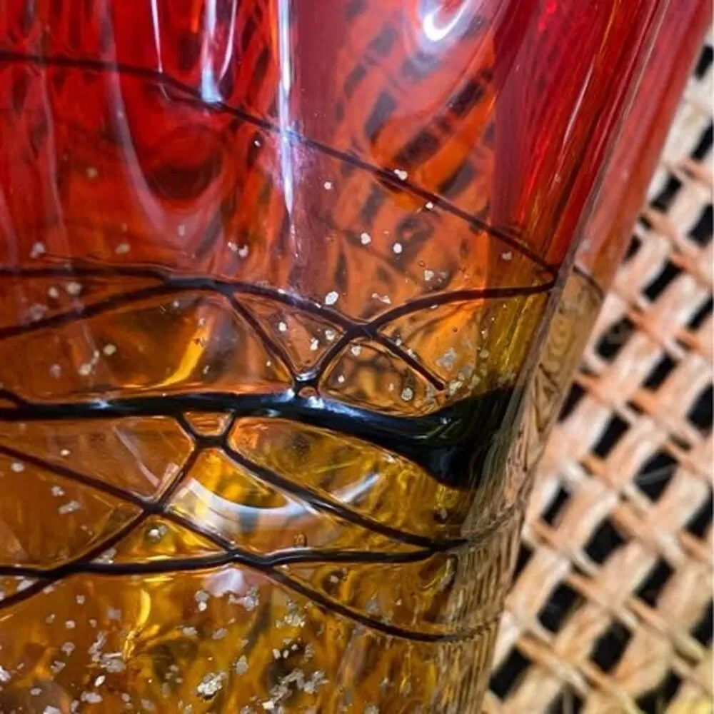 Tangerine Red Flame Handkerchief Hand Blown Vase With Black Accents